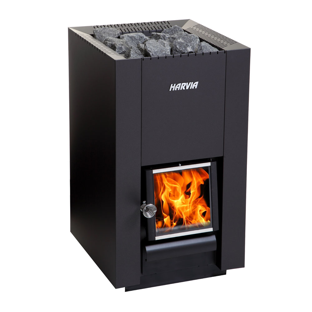 Harvia Linear 16 Black WK160C 17.9kW wood-burning sauna stove graphite black cast-iron glass door reversible 212-565 cu ft sculptural design