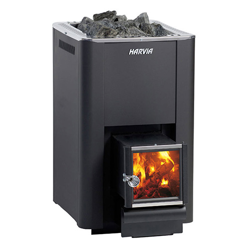 Harvia PRO 20 SL WKPR20SLM 24.1kW exterior feed wood sauna stove cast-iron glass door fireplace view adjacent room 283-706 cu ft